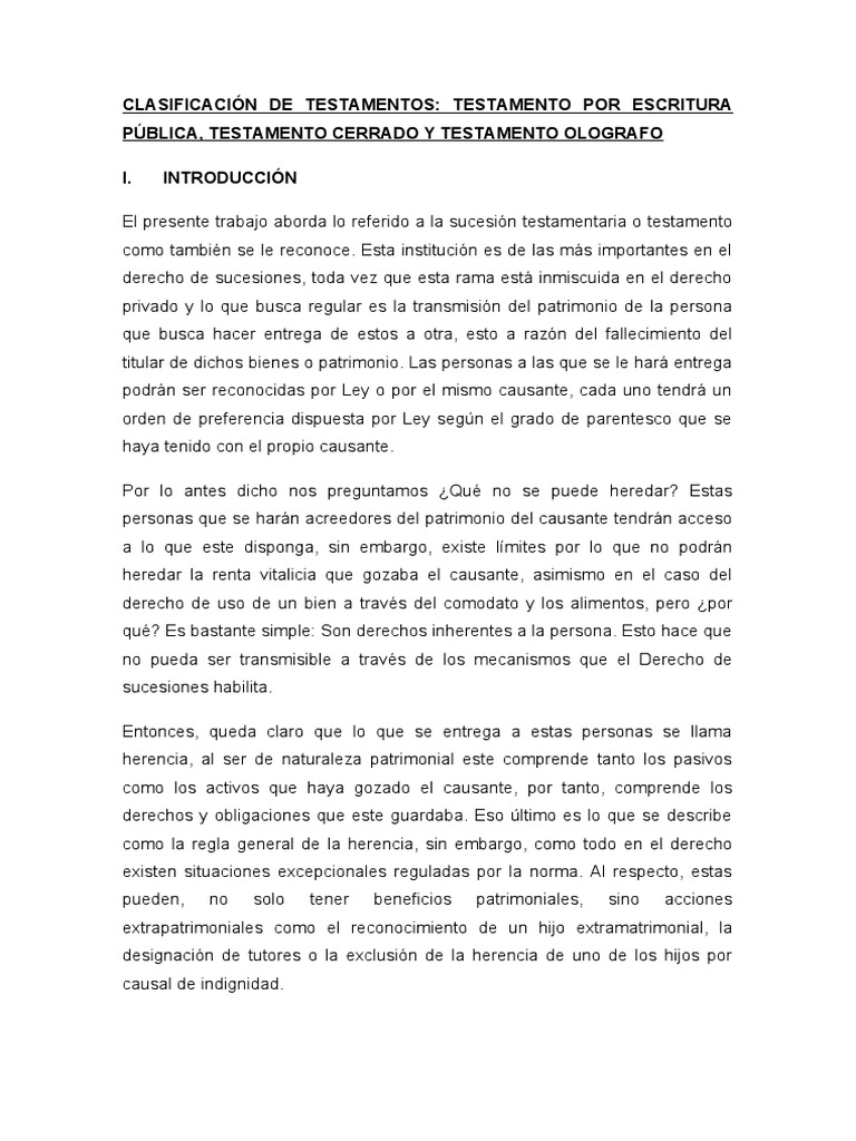 Monografía Sobre Clasificación de Testamento-2 | PDF | Voluntad y ...
