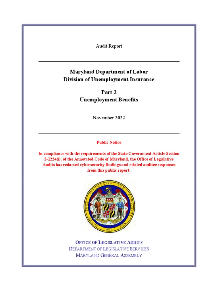 Audit Report Maryland Department of Labor Division of Unemployment