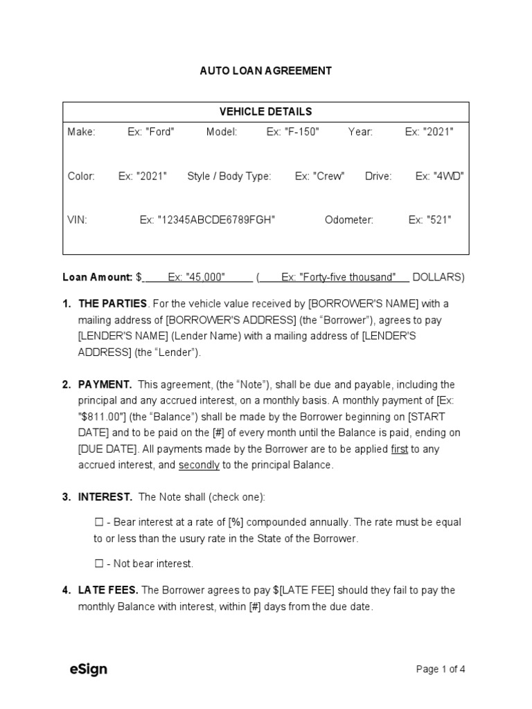 Auto Loan Agreement Template PDF