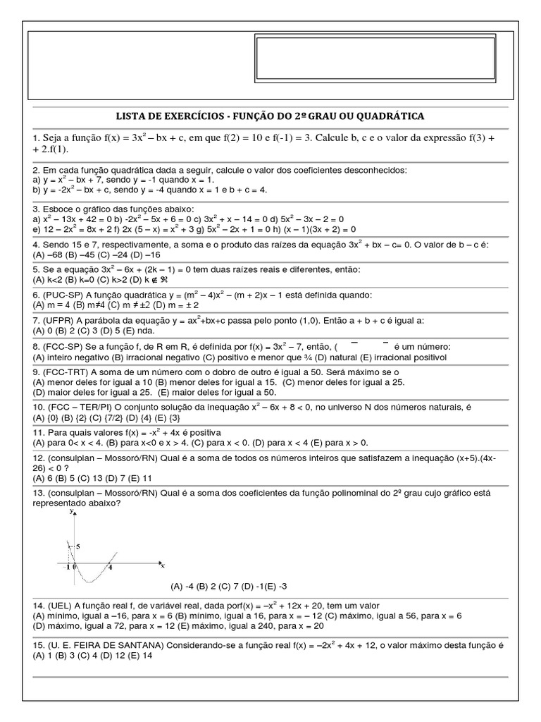 Lista de Exercícios de Função do Segundo Grau | PDF | Função ...