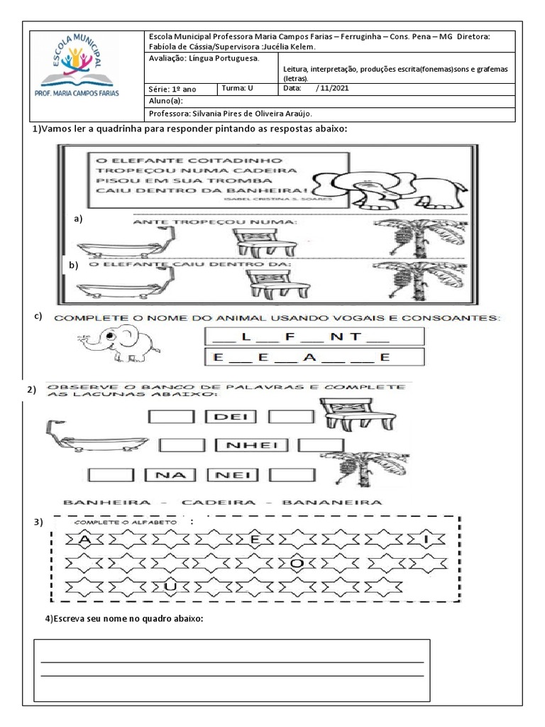 Avaliação de Português 1º Ano - 4º Bimestre | PDF | Artes Linguísticas ...