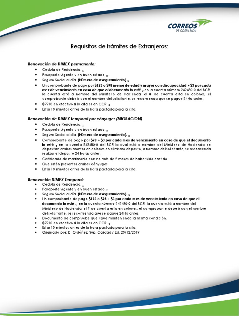 Requisitos para Renovar DIMEX en Costa Rica | PDF | Finanzas y dinero
