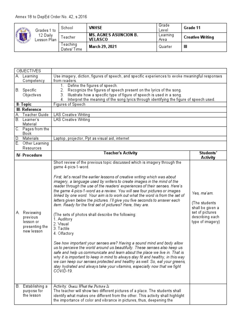 DLP - Creative Writing - Detailed LP | PDF | Senses | Metaphor