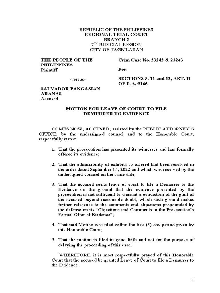 Motion For Leave of Court To File Demurrer To evidence BALIOG PDF Motion For Leave of Court To File Demurrer To evidence BALIOG PDF