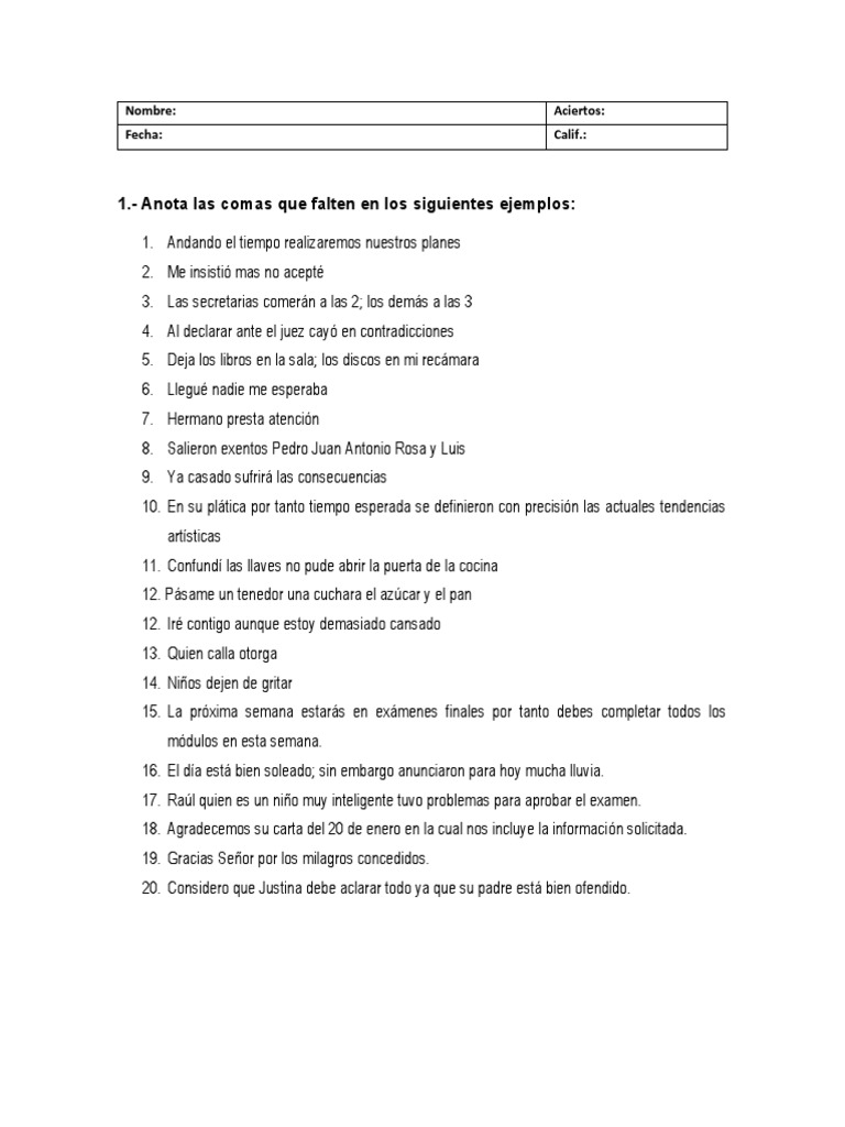 2.1 Ejercicio Coma | PDF | Artes del Lenguaje y Comunicación