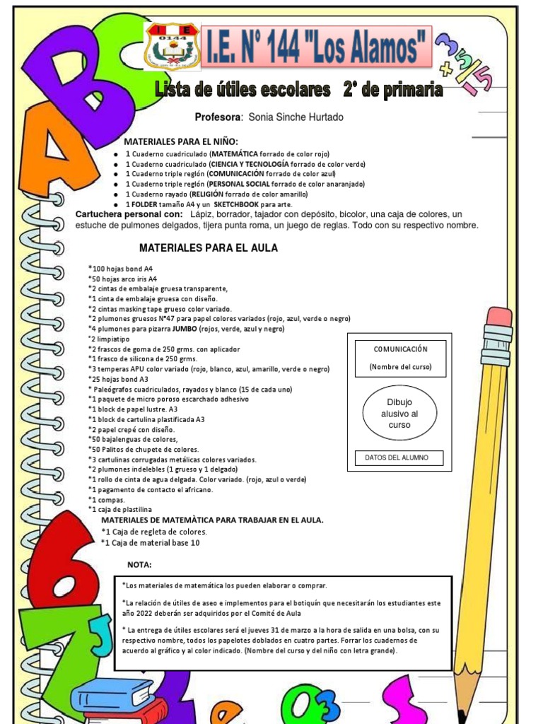 Lista de Útiles Escolares 2do Grado - 2022 | PDF | Equipo