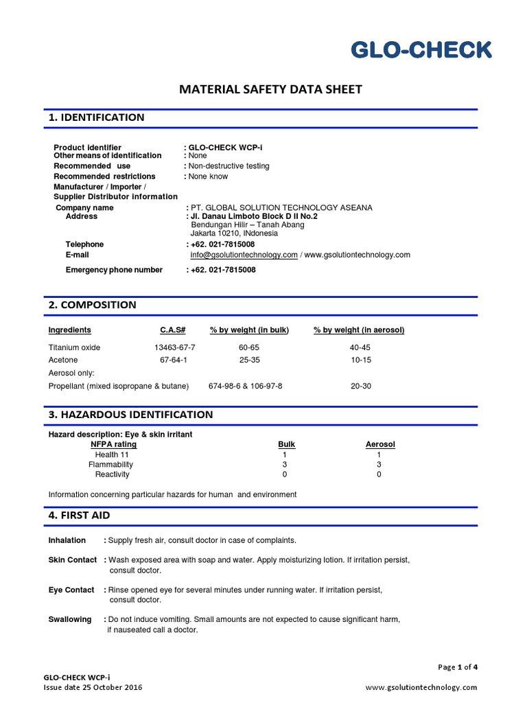 MSDS GLOCHECK WCPi PDF Personal Protective Equipment Combustion