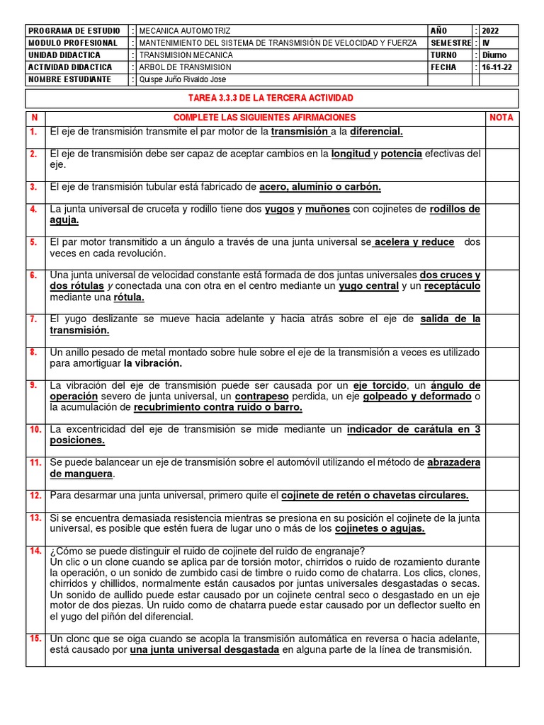 Tarea Actividad 3.3.3 16-11-22 | PDF | Eje | Engranaje