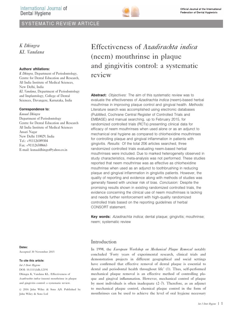 Effectiveness of Azadirachta Indica (Neem) Mouthrinse in Plaque and