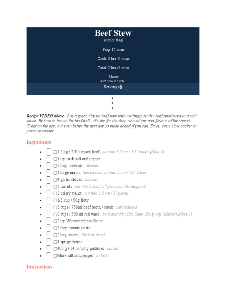 Classic Beef Stew Recipe by Nagi | PDF | Cooking, Food & Wine