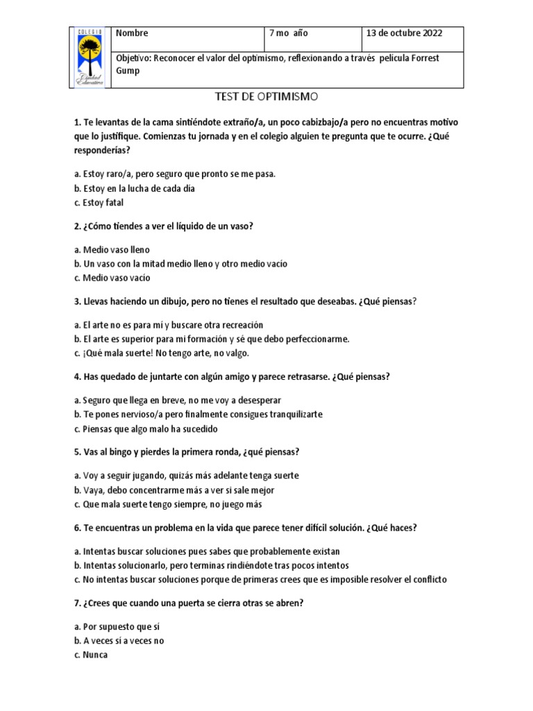 Test de Optimismo: Reflexiones y Resultados | PDF