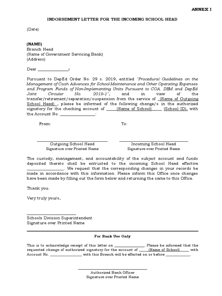 Annex I Indorsement Letter For The Incoming School Head | PDF