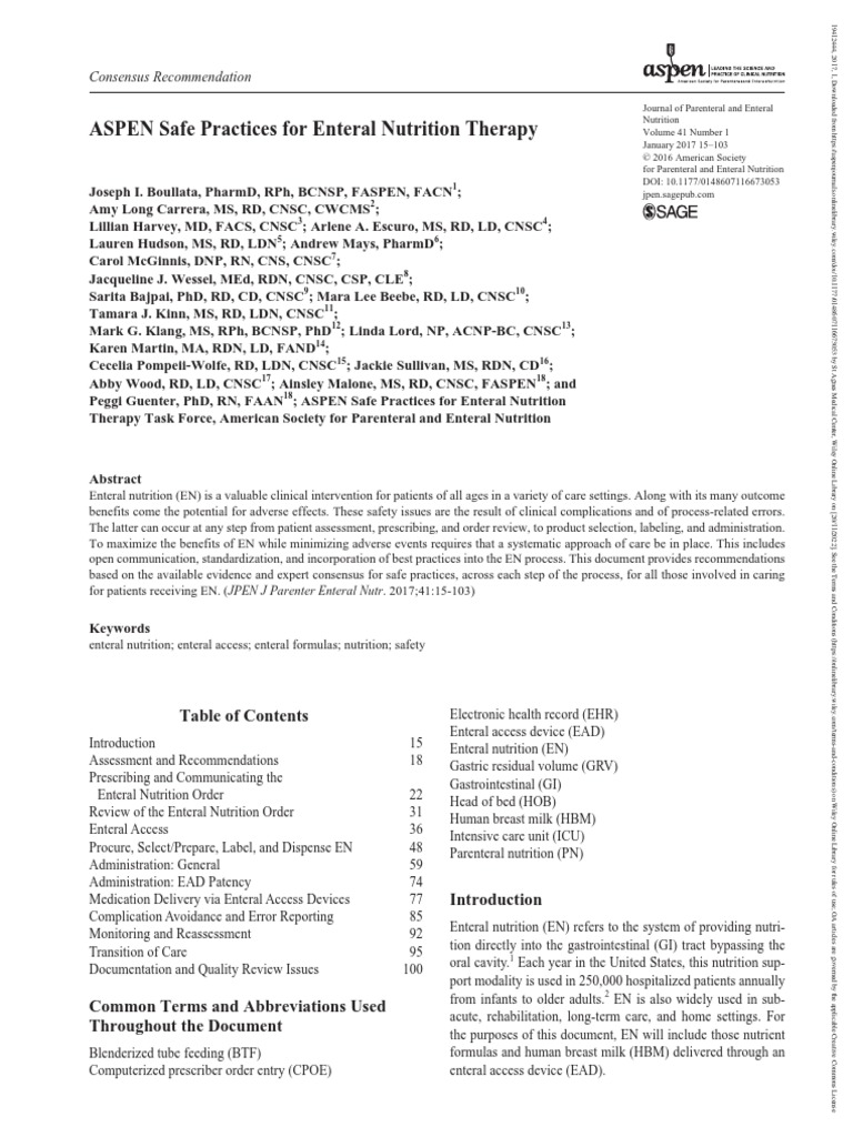 ASPEN Safe Practices For Enteral Nutrition Therapy J Parenter Enteral