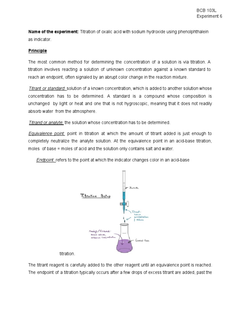 BCB 103L Expt 6 Titration of Sodium Hydroxide With Oxalic Acid Using