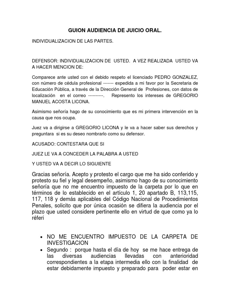 Guion para Audiencia de Juicio Oral | PDF