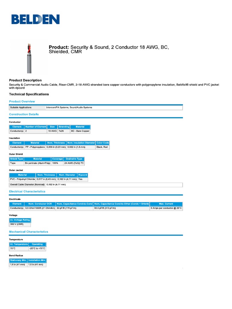 FICHA TECNICA CABLE CONTROL BELDEN 2x18 AWG SHIELD PDF