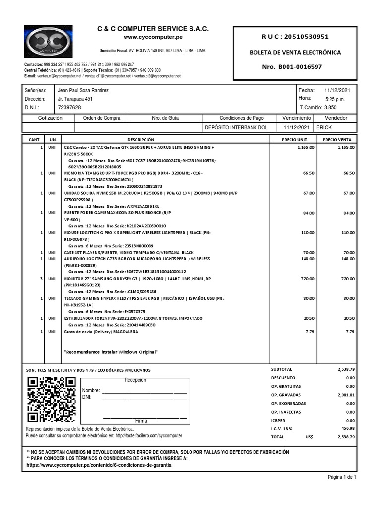 C & C Computer Service S.A.C. Nro. B0010016597 PDF Electrónica