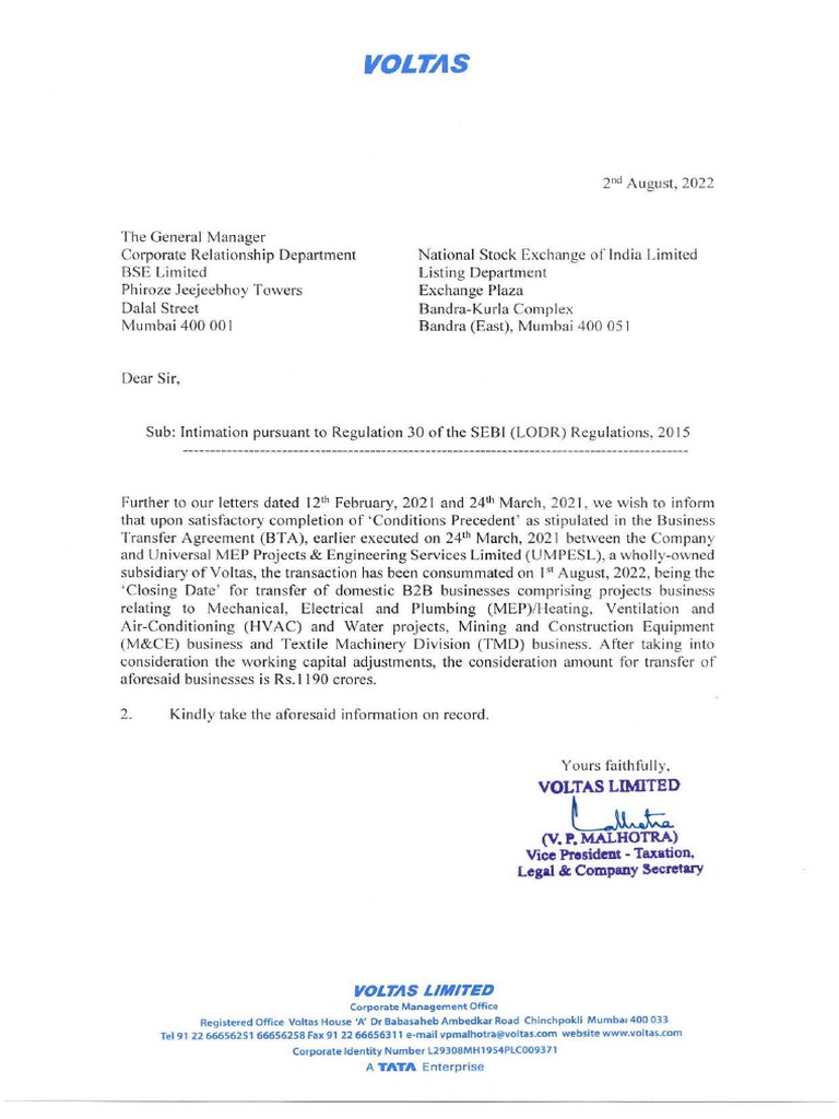 Intimation of Business Transfer Agreement Restructuring02082022 | PDF ...