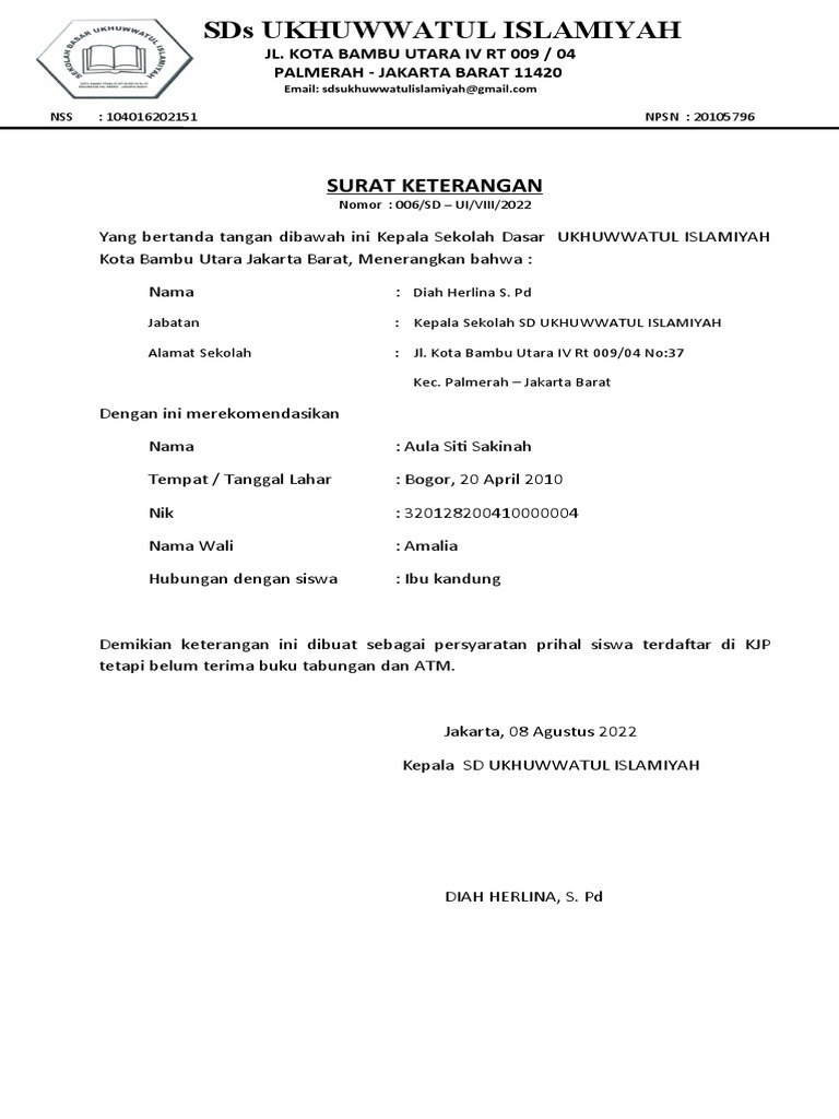 Surat Keterangan KJP | PDF