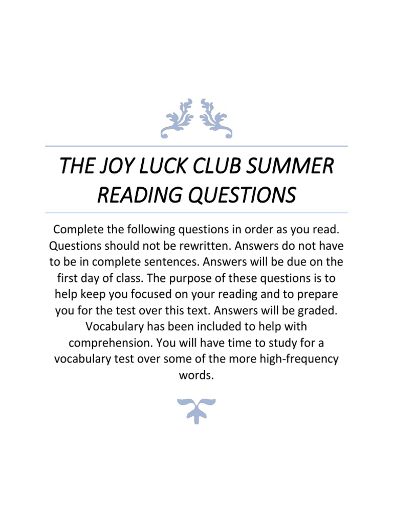 The Joy Luck Club Summer Reading Packet | PDF