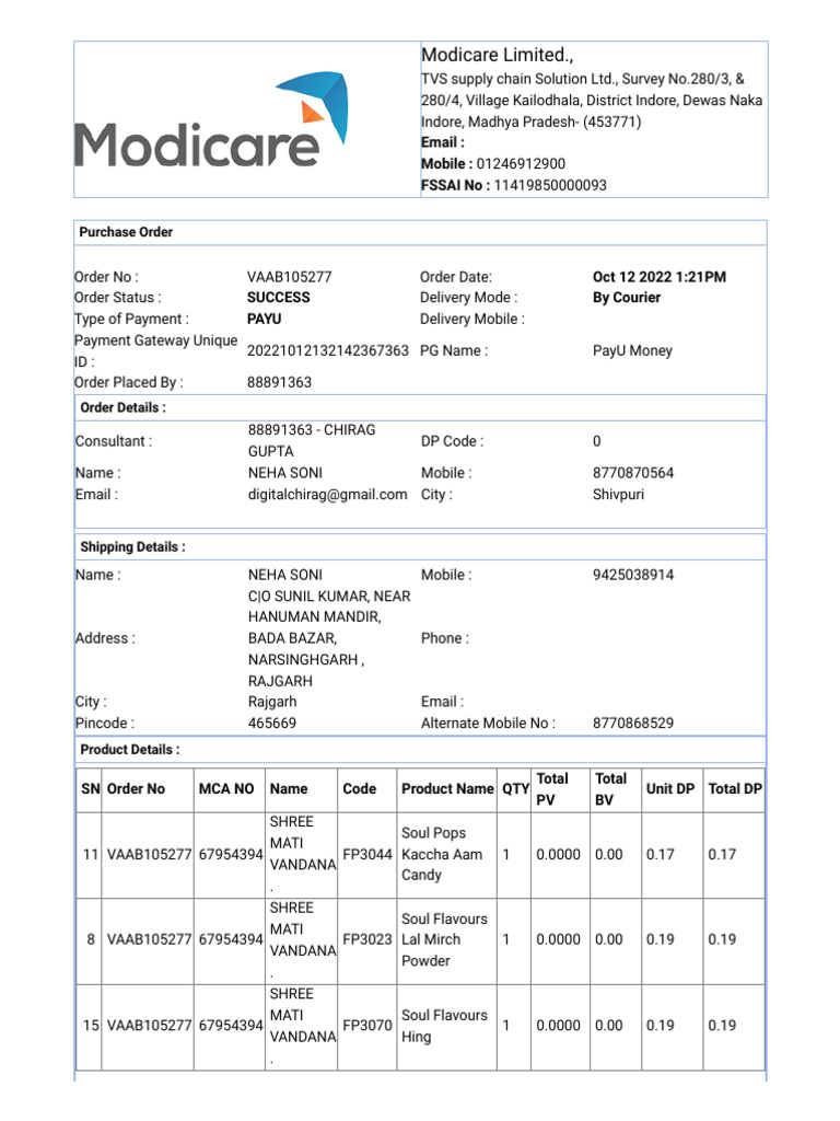 Modicare Order Preview PDF Foods Food Ingredients
