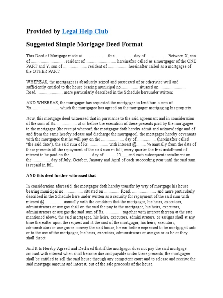 Simple Mortgage Deed Template | PDF | Finance & Money Management | Law