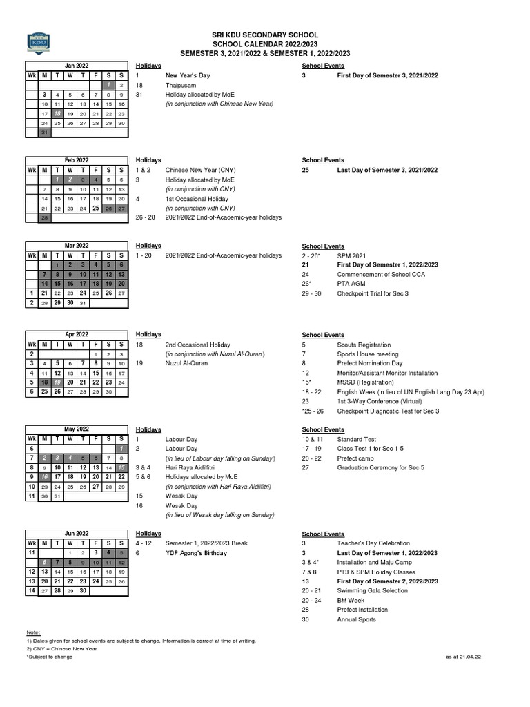 2022 - 2023 Sri KDU Secondary School Calendar (SSKDU Secondary) - 21042022  | PDF | Academic Term | Holidays