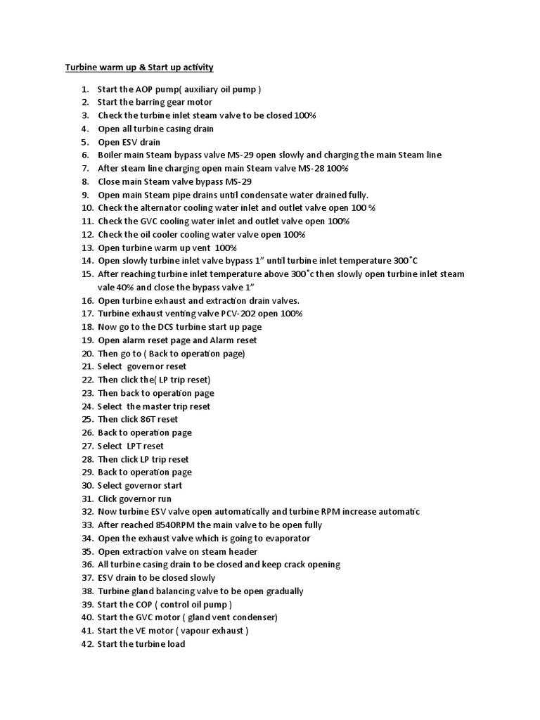 Turbine Start Up Procedure PDF Steam Valve