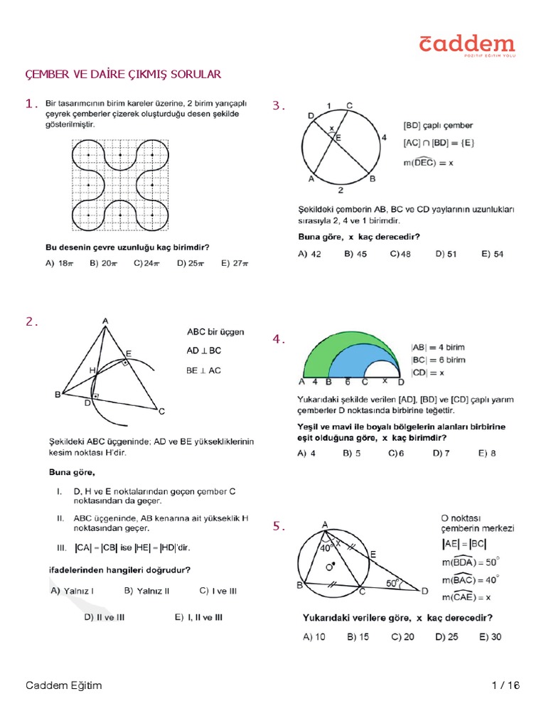 Çember Ve Daire Çıkmış Sorular 2 | PDF