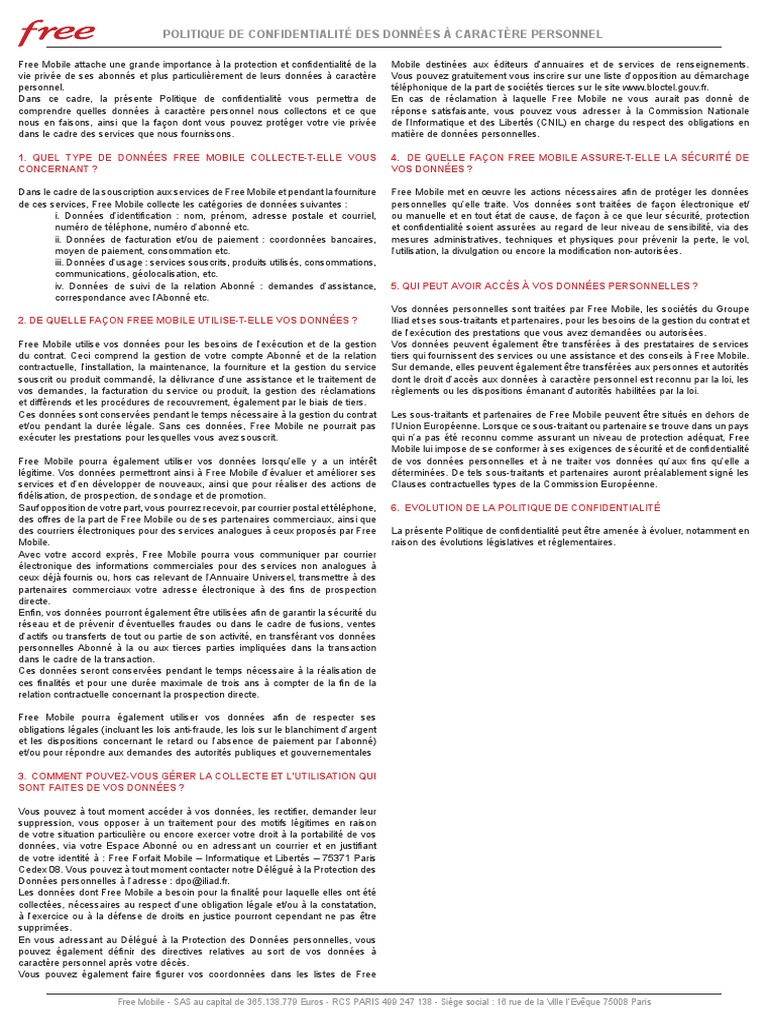 Politique de Confidentialité Free Mobile | PDF | Finance et gestion ...