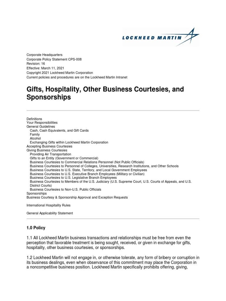 Lockheed Martin Gifts and Hospitality Policy | PDF | Bribery | Employment