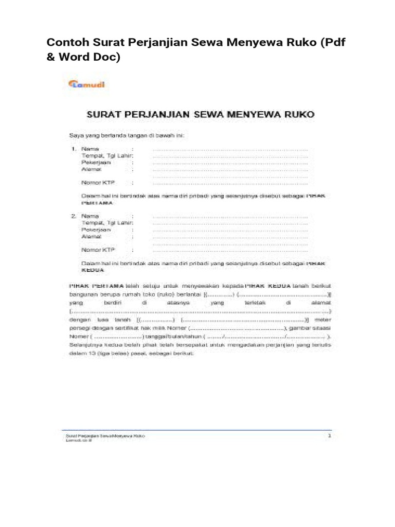 Contoh Perjanjian Sewa Ruko | PDF | Pengelolaan Keuangan & Uang ...