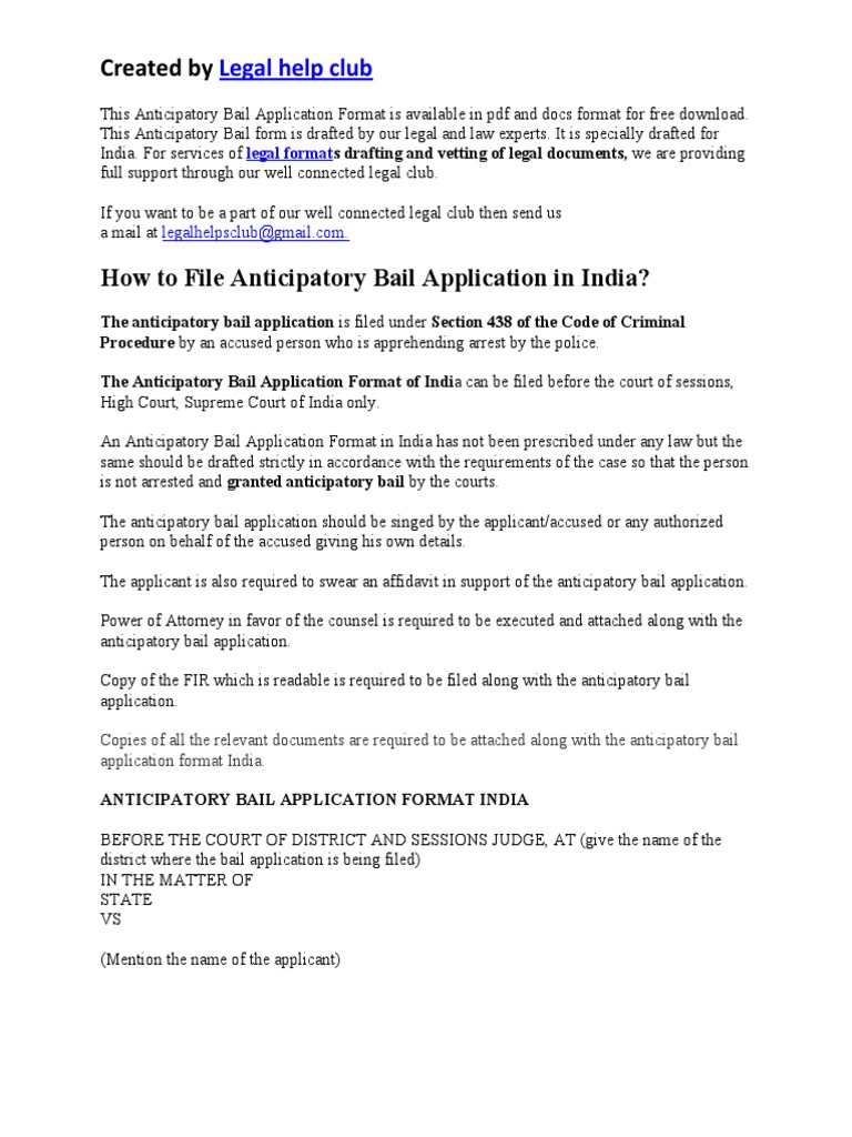 Anticipatory Bail Application Format India | PDF | Bail | Government ...