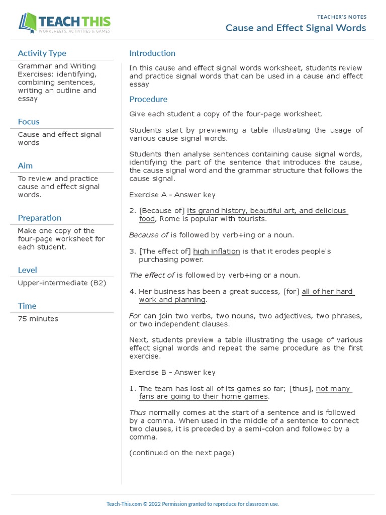 Cause and Effect Signal Words | PDF | Sentence (Linguistics) | Noun