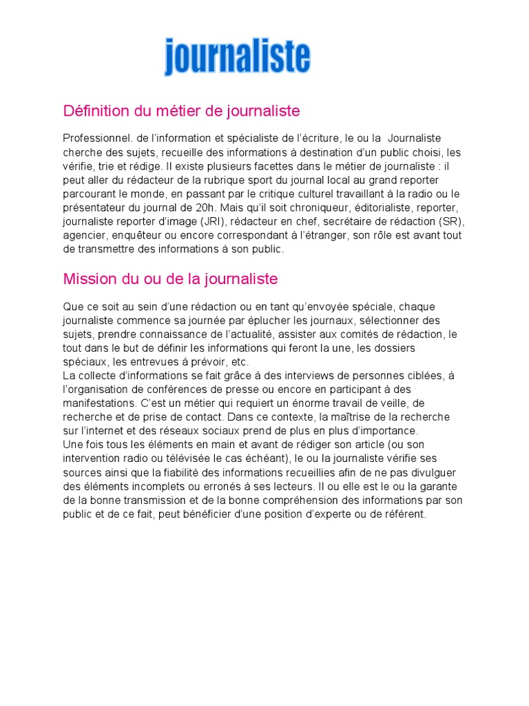Définition Du Métier de Journaliste PDF