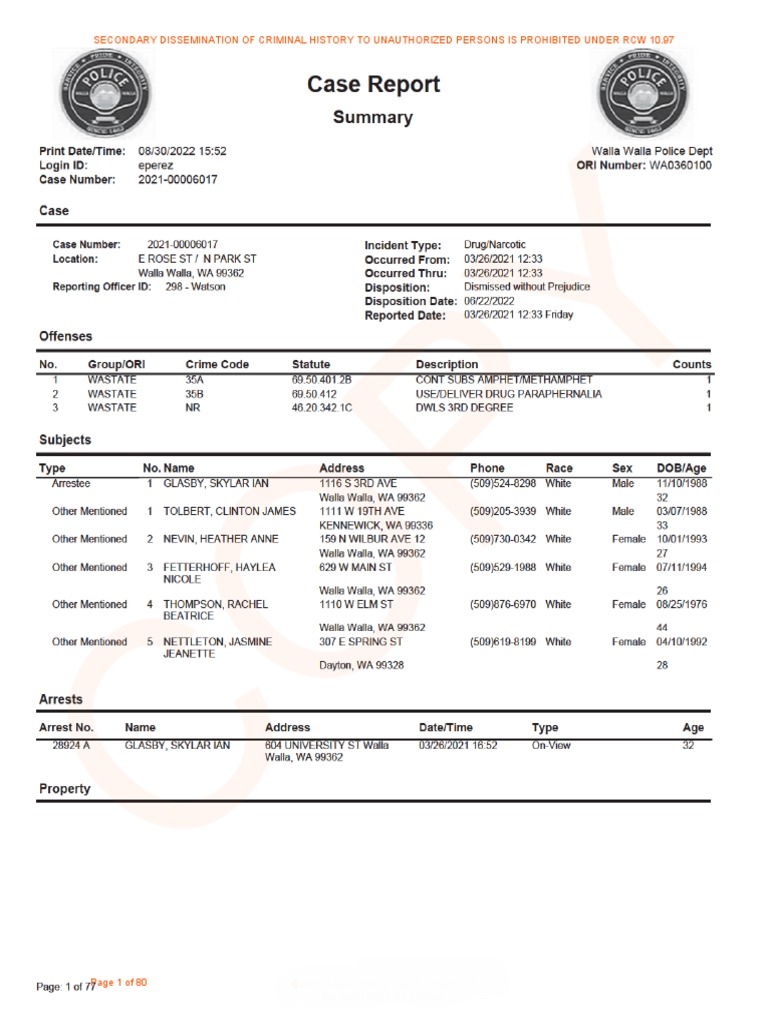 Skyler Glasby Walla Walla Police Case Report | PDF | Automotive ...
