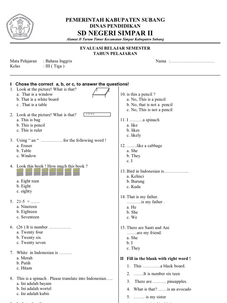 Soal Bahasa Inggris Kelas 3 Sd