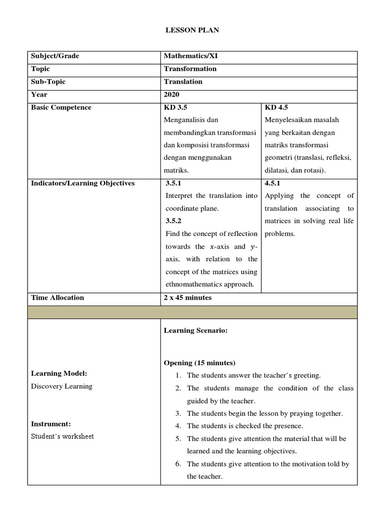 Class 6 Maths: Translation Lesson Plan | PDF | Teachers | Learning