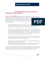 Communiqué - Décisions de la Formation Régulation du Conseil de discipline du rugby français - Carcassonne et Grenoble -