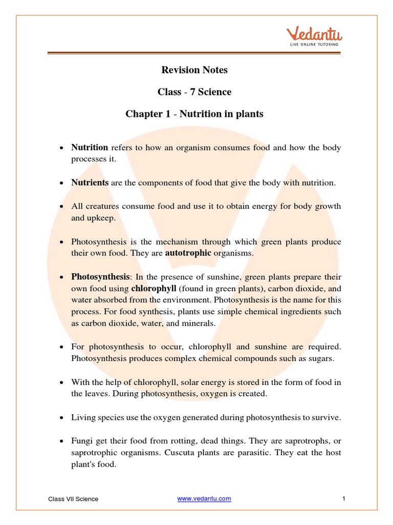 Class 7 Science Chapter 1 Revision Notes PDF Plants Nutrition