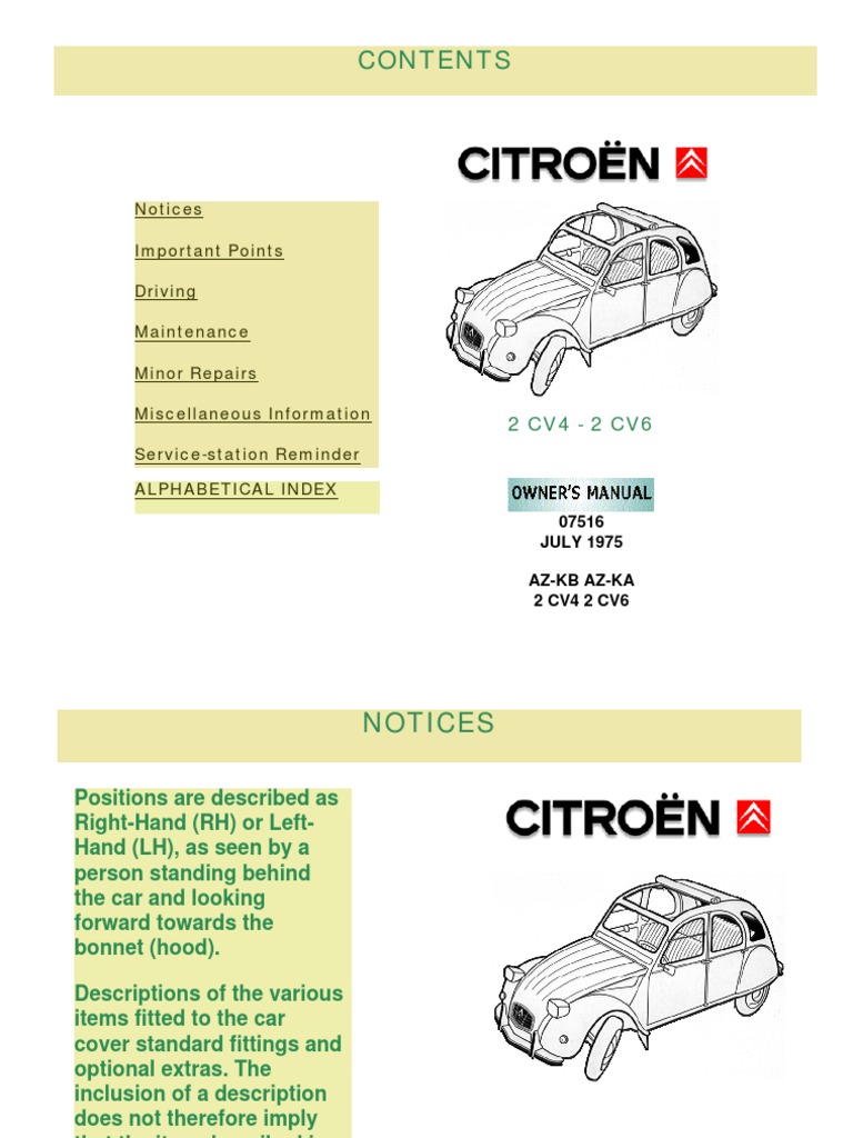 Citroën 2CV Owner's Manual Guide | PDF | Headlamp | Tire