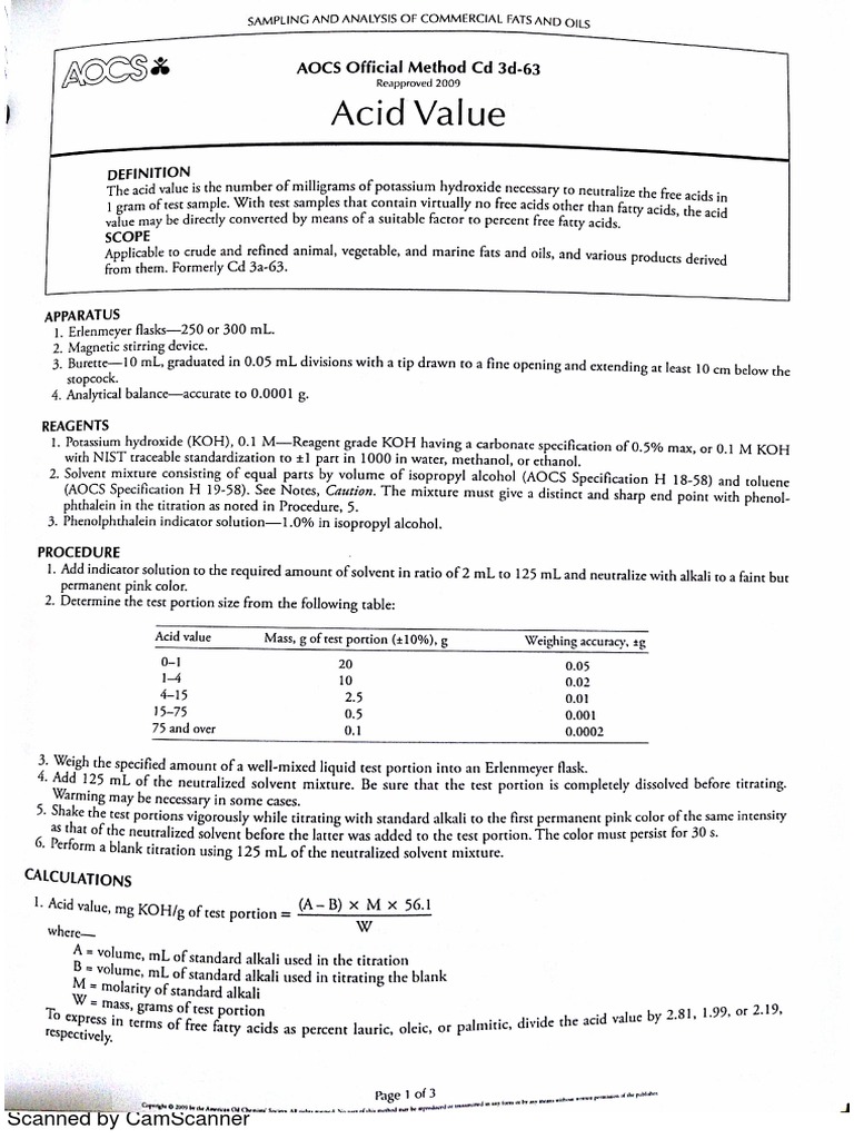 AOCS CD 3d63 Acid Value PDF