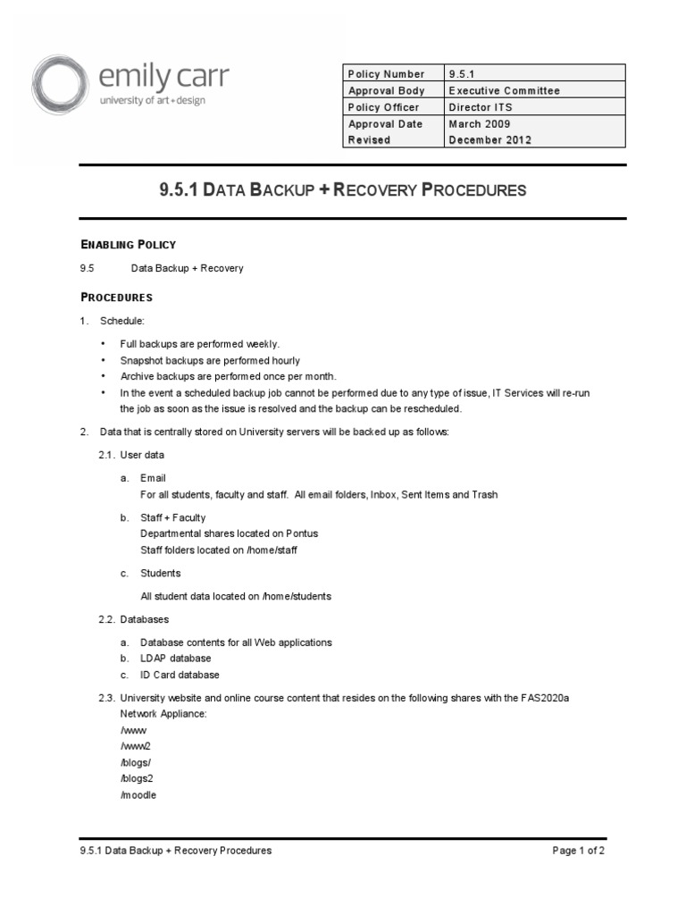 9.5.1 Data Backup Recovery Procedures Revised 2012 | PDF | Backup