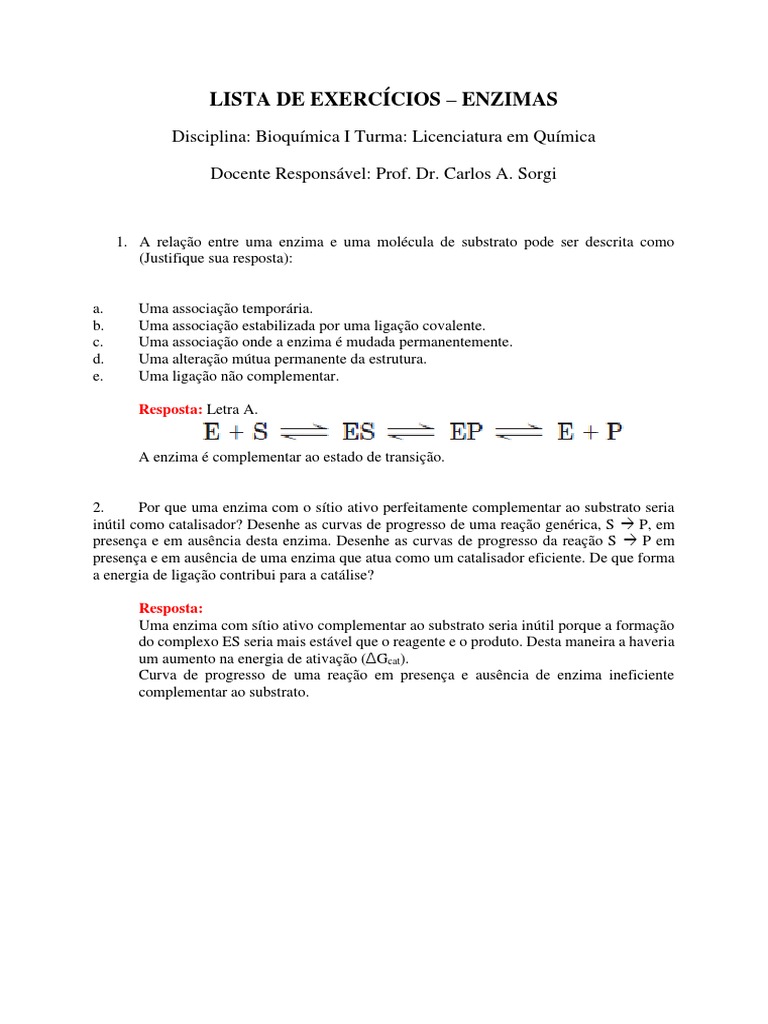 Exercícios sobre Enzimas em Bioquímica | PDF | Enzima | Catálise