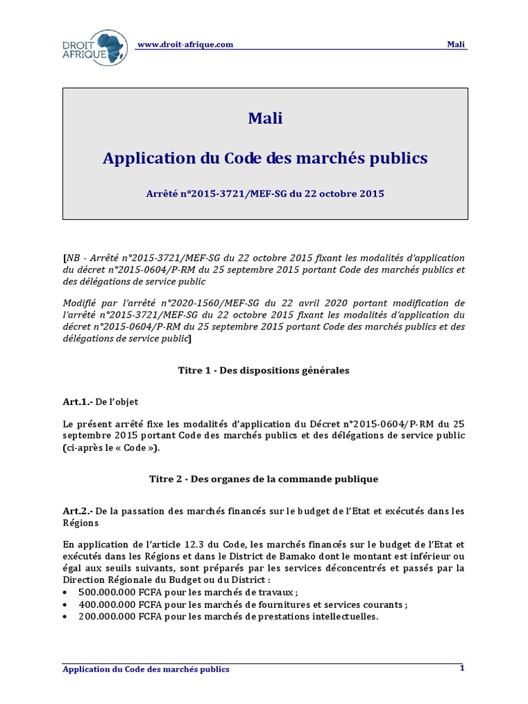 Application du Code des marchés publics au Mali | PDF | Banques | Économie