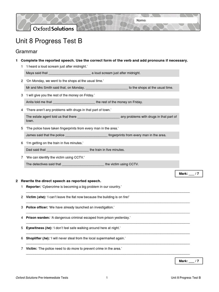 Oxford Solutions Pre Int Progress Test Unit 8 B PDF | PDF