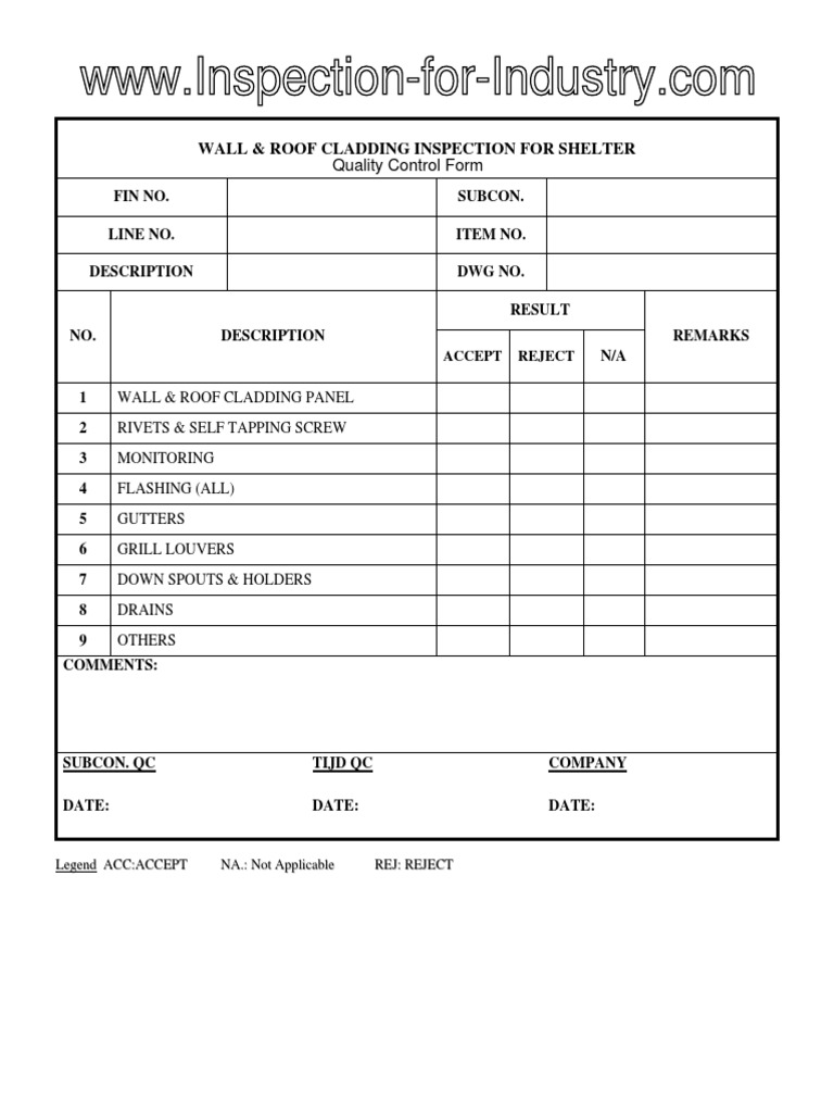 Wall Roof Cladding of Shelter Quality Control and Inspection Report
