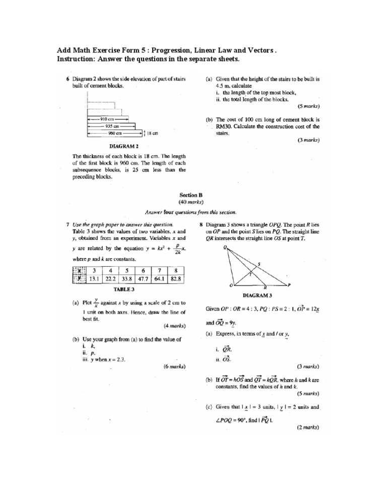 Add Math Exercise Form 5: Progression, Linear Law and Vectors ...
