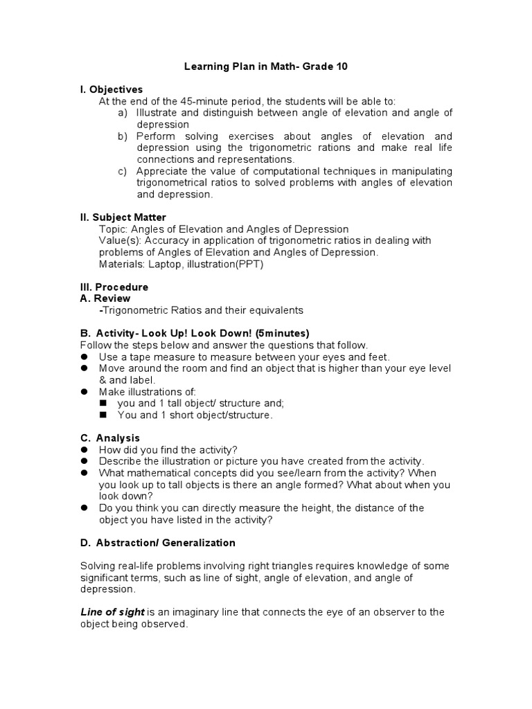 Math9 Lesson Plan (4as Fromat) | PDF | Trigonometric Functions | Angle