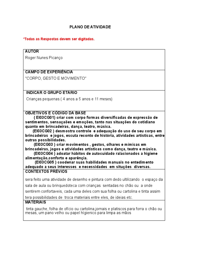 Pronto Modelo Atividade III - Plano de Atividades | PDF | Artes ...